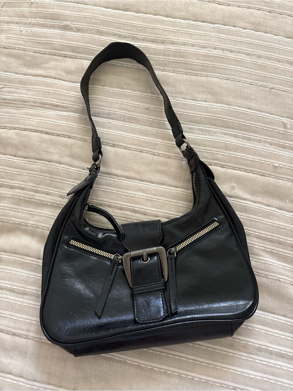 Black Leather Shoulder Bag with Buckle Detail